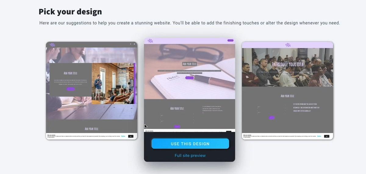 GetResponse's AI website builder offering three design options